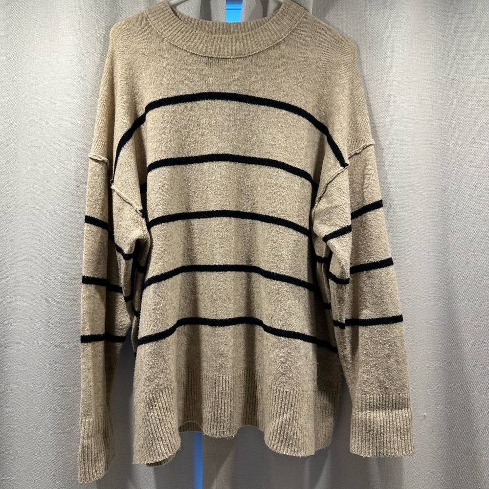 aerie Taupe Crewneck Sweater with Black Stripes